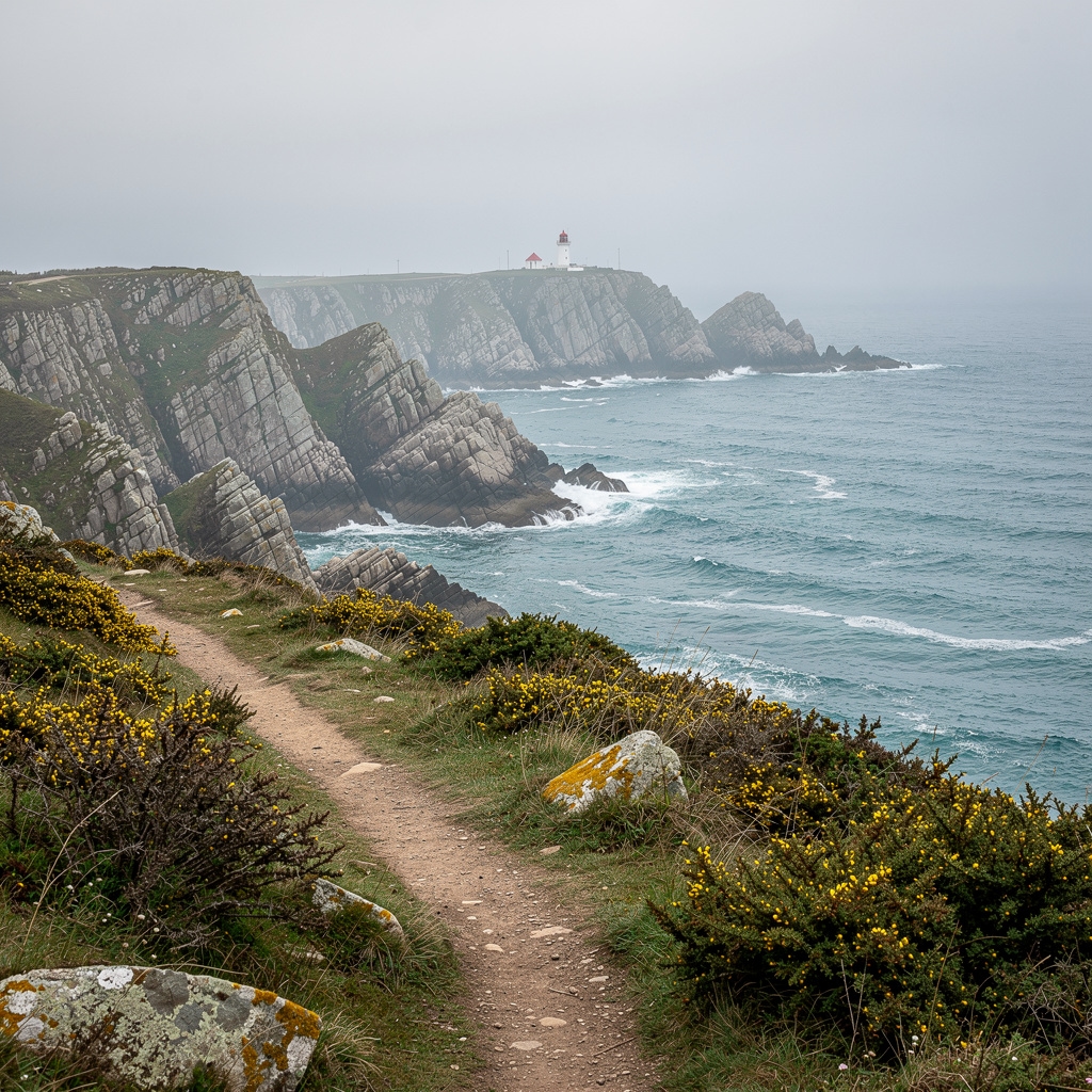 Chemin de randonnée en Bretagne entre haies et champs