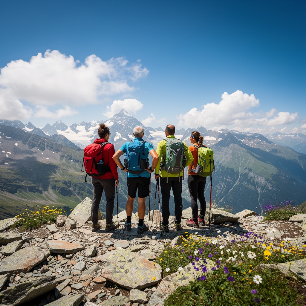Groupe de randonneurs au col dans les Alpes