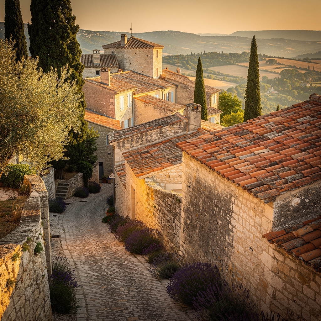Village en pierre de Provence au coucher du soleil